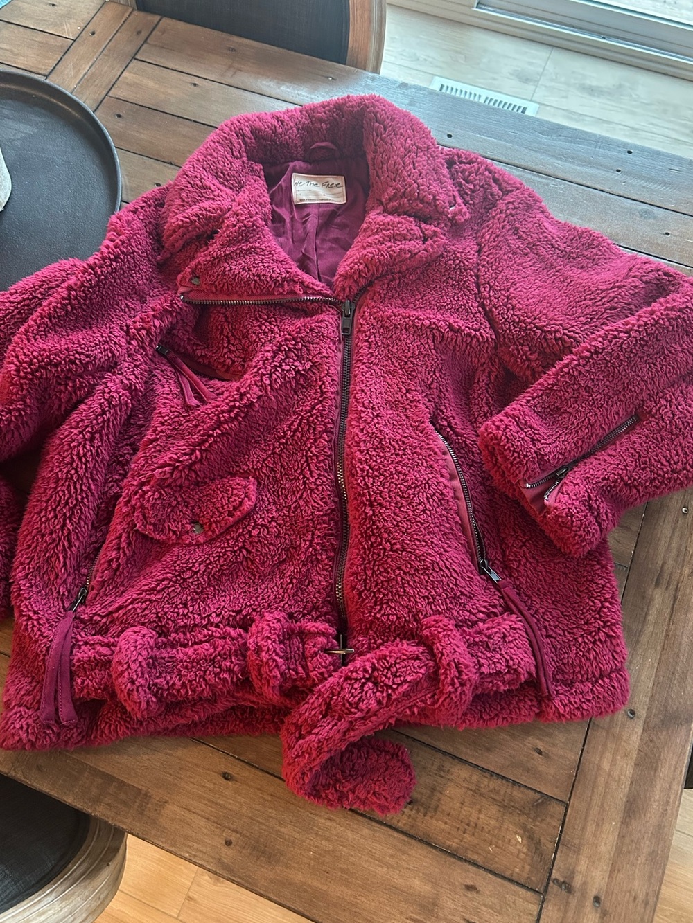Free People We the Free So Cozy Oversized Moto Sherpa Coat Burgundy Purple S